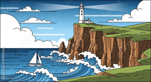 A picturesque scene unfolds with a lighthouse perched atop a cliff, overlooking a vast ocean with waves crashing against the shore and a sailboat sailing nearby under a blue sky