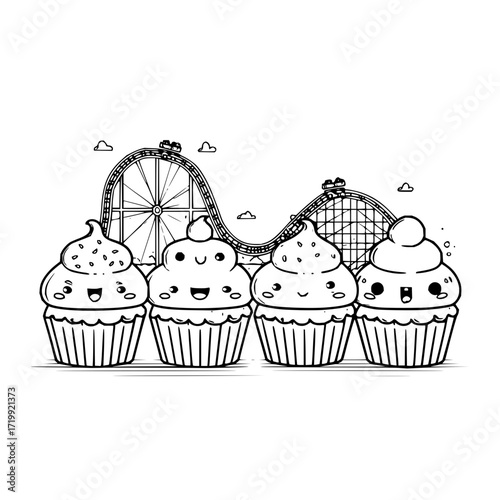 Coloring page cupcake roller coaster dessert sweet treat kawaii line art illustration fun activity for kids