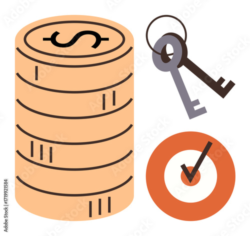 Stack of coins symbolizing wealth, keys for access or security, target with a checkmark for goals. Ideal for finance, investment, savings, security, success planning achievement. Simple flat