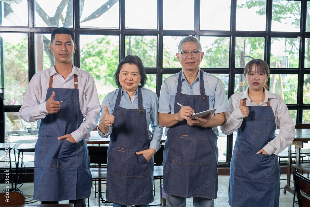 Naklejka premium Restaurant small business senior couple owners discussing service teamwork, apron dining staff coaching management operation, Asian husband wife professional guidance startup business success.