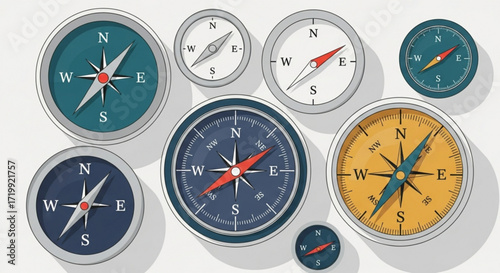 Collection of compasses in various designs, showcasing different styles and colors, navigational instruments for direction and exploration