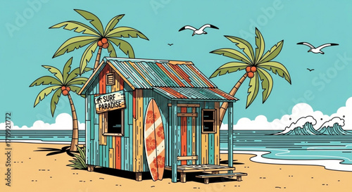 A vibrant surf shack nestled on a sandy beach with swaying palm trees, seagulls soaring above, and gentle waves rolling in, creating a tropical paradise scene