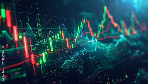 株価の動きを表すカラフルなローソク足チャートが輝く金融取引