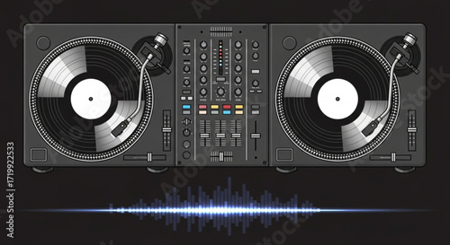 A professional dj setup featuring turntables, a mixer, and sound waves, perfect for music production, djing, and audio engineering projects
