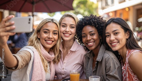 Four diverse young women smiling happily while taking a selfie together at an outdoor cafe.