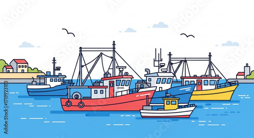 A vibrant illustration showcasing a fleet of colorful fishing boats bobbing gently on the calm, blue sea, with quaint coastal buildings visible in the background