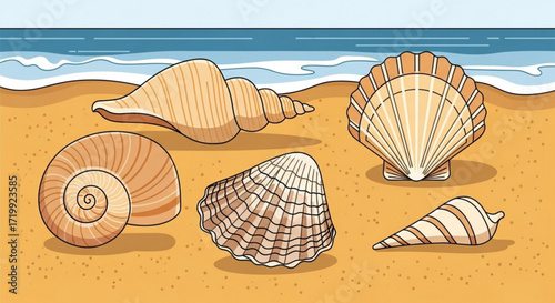 A charming illustration showcasing a variety of seashells scattered across a sandy beach, with the gentle waves of the ocean visible in the background