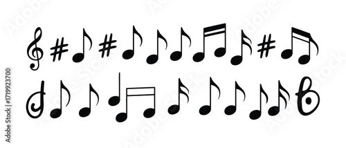 Collection of Black Musical Notes and Symbols on White Background