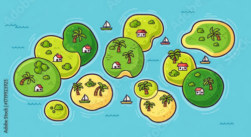 A whimsical aerial view of tropical islands with palm trees, houses, and boats, set against a blue ocean background, creating a playful, cartoonish scene