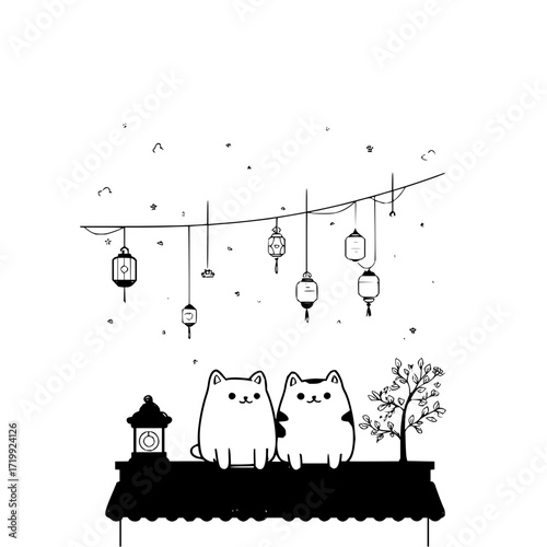 Cute cats lanterns drawing illustration vector graphic design template adorable feline kawaii doodle art image