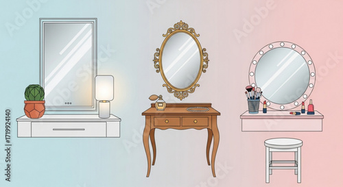 A collection of three different vanity tables with mirrors, each with a unique style and design, showcasing a variety of options for a dressing area
