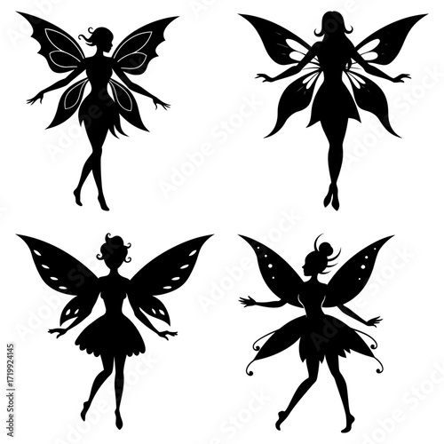 Four silhouette fairies with different wings and hairstyles in a square arrangement on white background