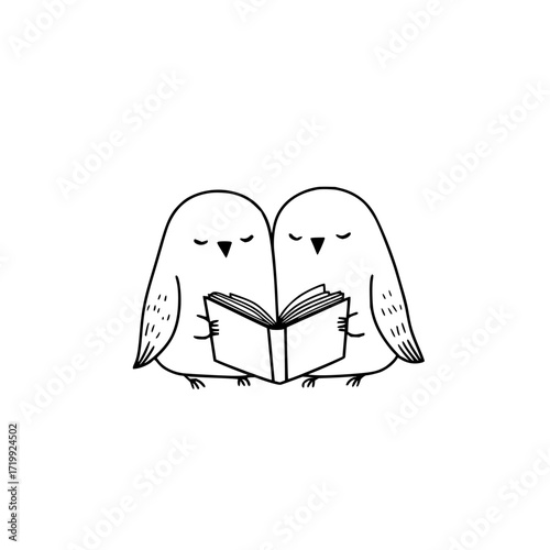 Two cute owls reading book together illustration vector art design education learning study knowledge concept