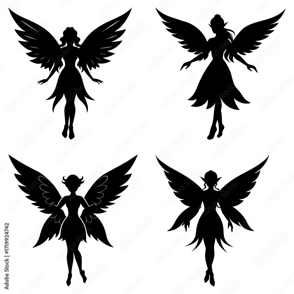 Fototapeta premium Four black silhouette figures of winged fairies in various poses against a white background design element