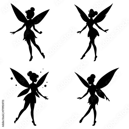 Silhouette illustration of four fairies with wings in various poses on a white background design vector