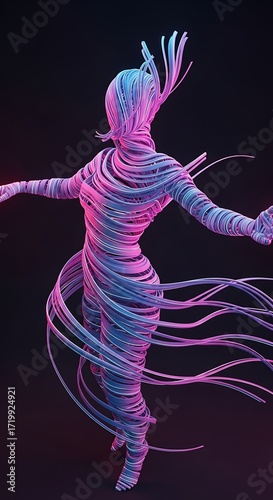 A vibrant, abstract female figure, composed of swirling ribbons of pink and blue, floats against a dark backdrop, evoking a sense of ethereal movement.