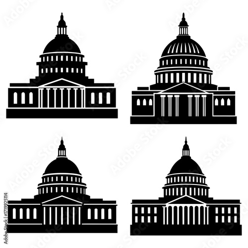 Four united states capitol building silhouettes in black and white architectural representations