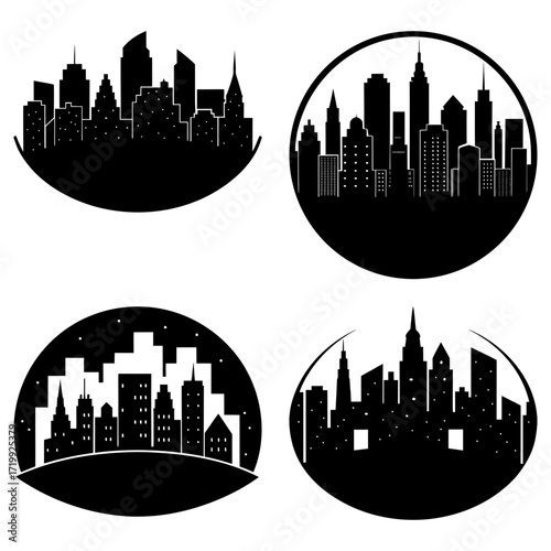 Four black and white cityscape silhouettes in circular frames against a white background display urban themes