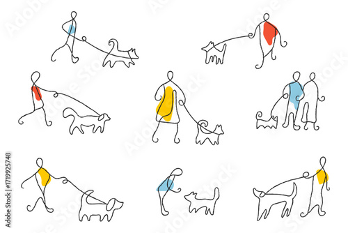 People walking with dogs minimalist vector illustration