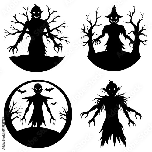 Four halloween silhouette illustrations featuring creepy monsters and spooky scarecrows in various poses