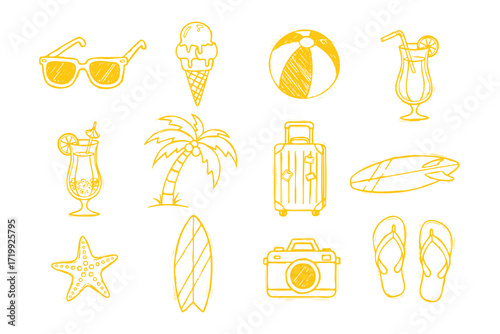sunglasses, ice cream, beach ball, palm tree, cocktail, surfboard, starfish, camera, flip flops
