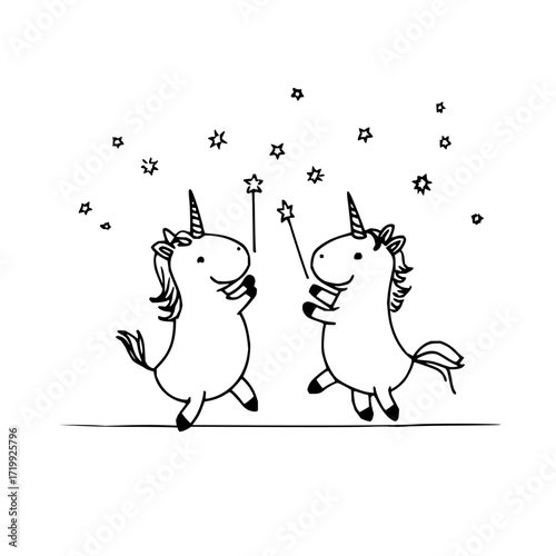 Unicorns stars magic fantasy fairytale drawing illustration mythical creatures cartoon whimsical art design cute 100