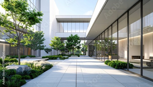 Modern architectural courtyard with lush green trees and paved walkway between sleek glass-fronted buildings, creating a serene outdoor space.