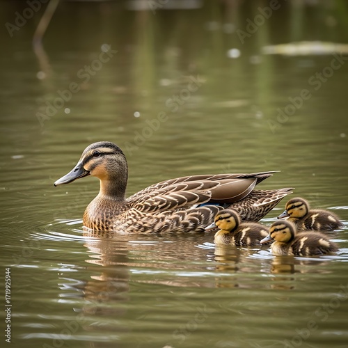 A mother mallard duck leads her three ducklings across a tranquil pond.