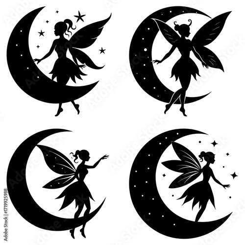 Four silhouette fairy images sitting on crescent moons surrounded by stars in a black and white illustration