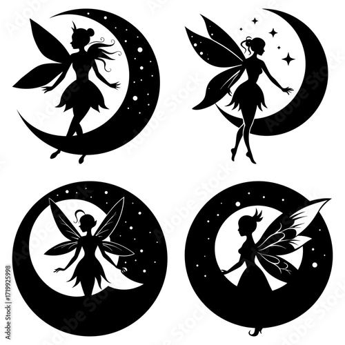 Four fairy silhouettes perched on crescent moons amidst stars in a night sky illustration art