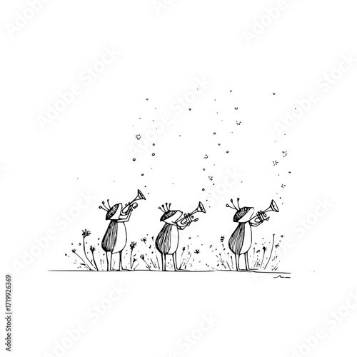 Trumpet players music band illustration whimsical art drawing sketch black white musical instruments performance art