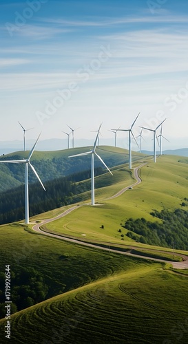 A scenic landscape showcasing numerous wind turbines atop rolling hills under a vibrant blue sky.