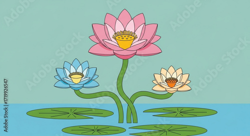 Water lily a serene aquatic flower with pink, blue, and yellow petals, floating on a pond with green leaves, symbolizing peace