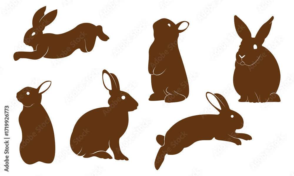 Naklejka premium Silhouettes of easter bunnies isolated on a white background. Set of different rabbits silhouettes&nbsp;for&nbsp;design&nbsp;use.