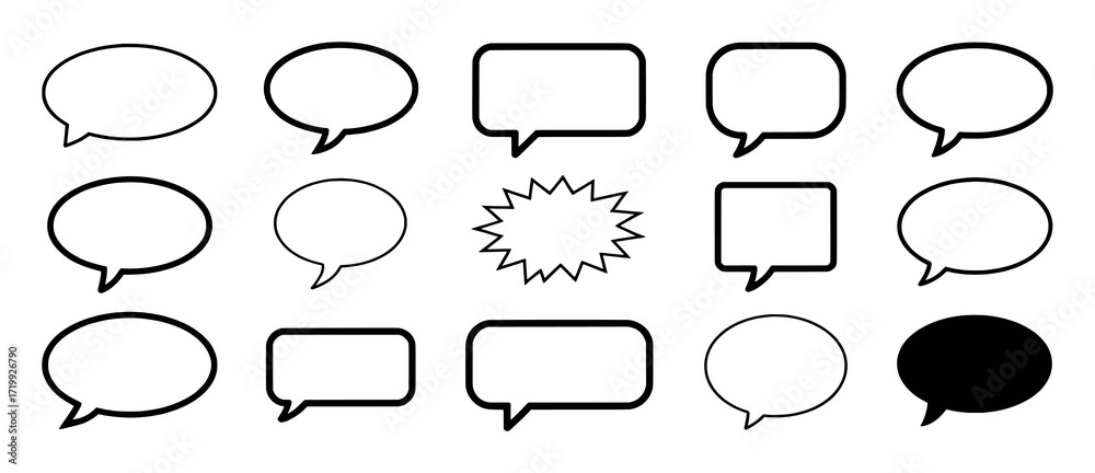 Fototapeta premium Collection of Diverse Speech Bubbles and Chat Icons in Black and White
