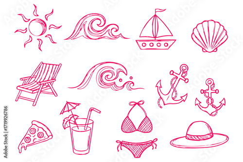 pink gradient sketch style, simple shapes, summer icons, beach elements, sun, wave, sailboat, deck chair, seashell, swimsuit, beach umbrella, cocktail, anchor, ocean elements