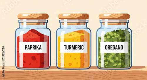 Three jars of spices on a wooden shelf paprika, turmeric, and oregano, adding flavor and color to culinary creations, enhancing the taste of dishes