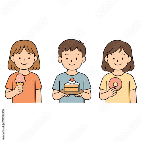 Joyful children celebrating with sweet treats, a little girl holding ice cream, a boy with a slice of cake, and a girl with a donut, in a festive and happy atmosphere