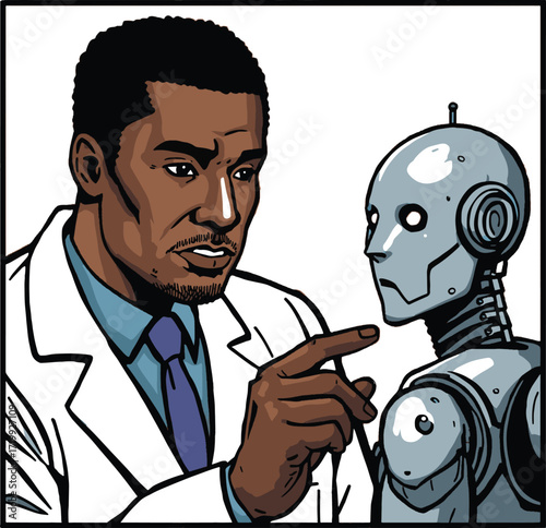 Pop art style vector of a scientist in a white coat interacting with a humanoid robot. Symbolizes innovation, research, and human‑machine collaboration. EPS‑ready for technology and education themes.
