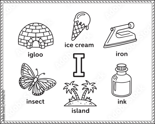 Alphabet letter art I with cute ice-cream, igloo, insect, island, ink and iron black line art vector illustration for children fun and learn coloring page