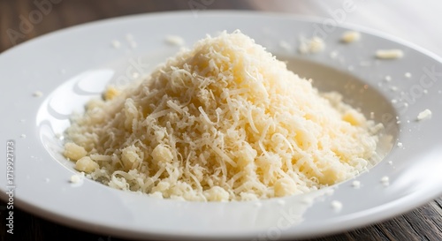 A pile of freshly grated cheese sits atop a white plate, showcasing its delicate texture and creamy off-white color.