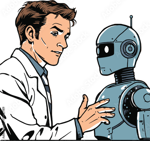 Pop art style vector of a scientist in a white coat interacting with a humanoid robot. Symbolizes innovation, research, and human‑machine collaboration. EPS‑ready for technology and education themes.
