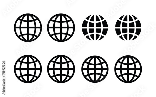 Collection of eight black globe icons on a white background