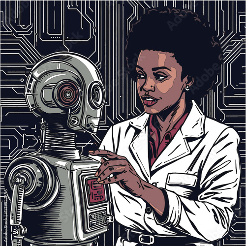 Pop art style vector of a scientist in a white coat interacting with a humanoid robot. Symbolizes innovation, research, and human‑machine collaboration. EPS‑ready for technology and education themes.