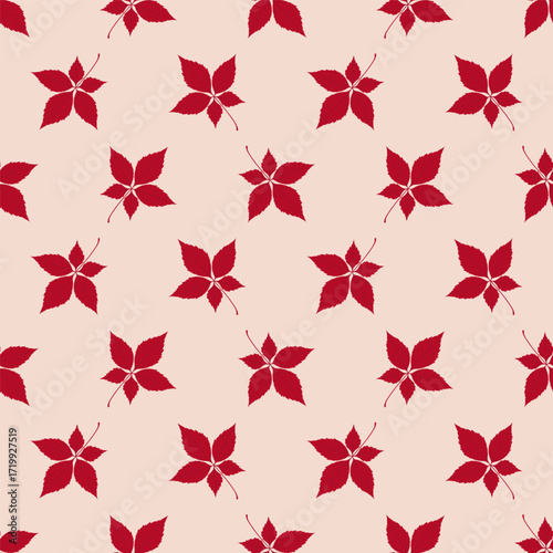 Seamless pattern with autumn Virginia creeper leaves on a light beige background. Vector editable background.	