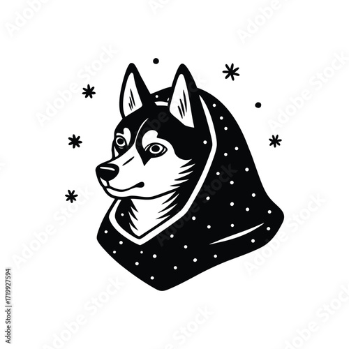East Siberian Laika Head Wrapped In Warm Sheet Vector Art Illustration