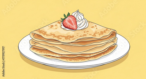 A stack of delicious crepes topped with fresh strawberry and whipped cream on a white plate, , perfect for breakfast or dessert