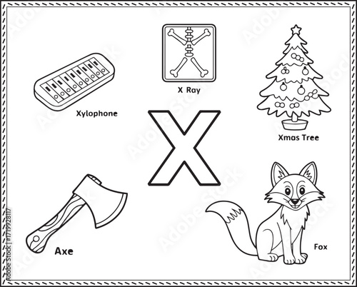 Alphabet letter art X with cute xylophone, axe, fox, xmas tree and x-ray black line art vector illustration for children fun and learn coloring page