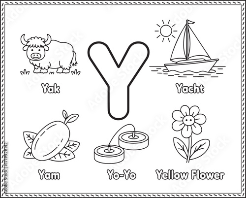Alphabet letter art Y with cute yak, yam, yo-yo, yellow flower and yacht black line art vector illustration for children fun and learn coloring page
