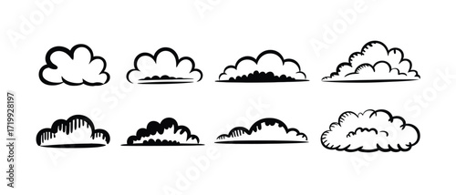 Collection of Hand-Drawn Cloud Icons in Black and White